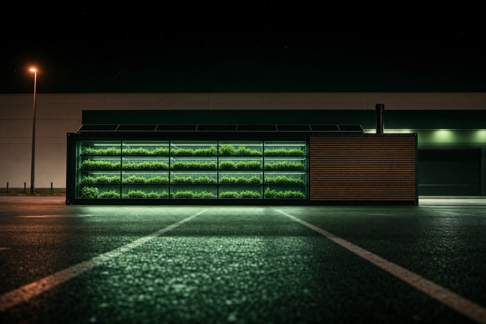 AgriLoop growing unit glowing softly in a Madrid supermarket car park at night