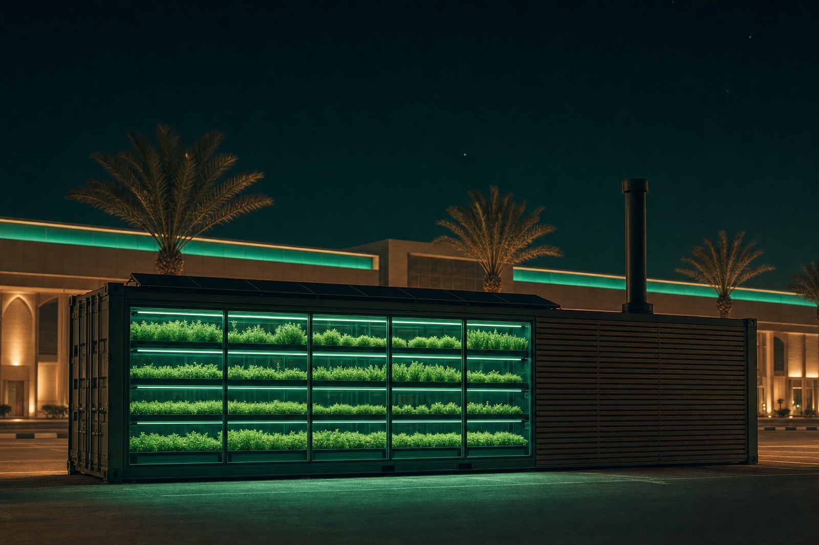 AgriLoop growing unit glowing among date palms outside a Gulf hypermarket at night
